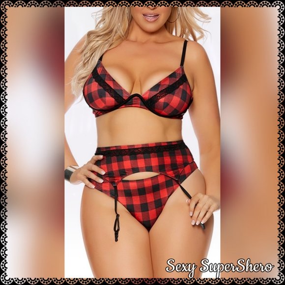 🆕🐃 3PC Buffalo Plaid Sexy Lingerie Set -Monowire, Panty, and Garter Belt - Picture 3 of 7